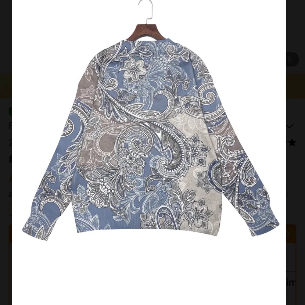 Blue Gray Paisley Statement Sweater Crewneck Allover Print - Picture 6 of 16
